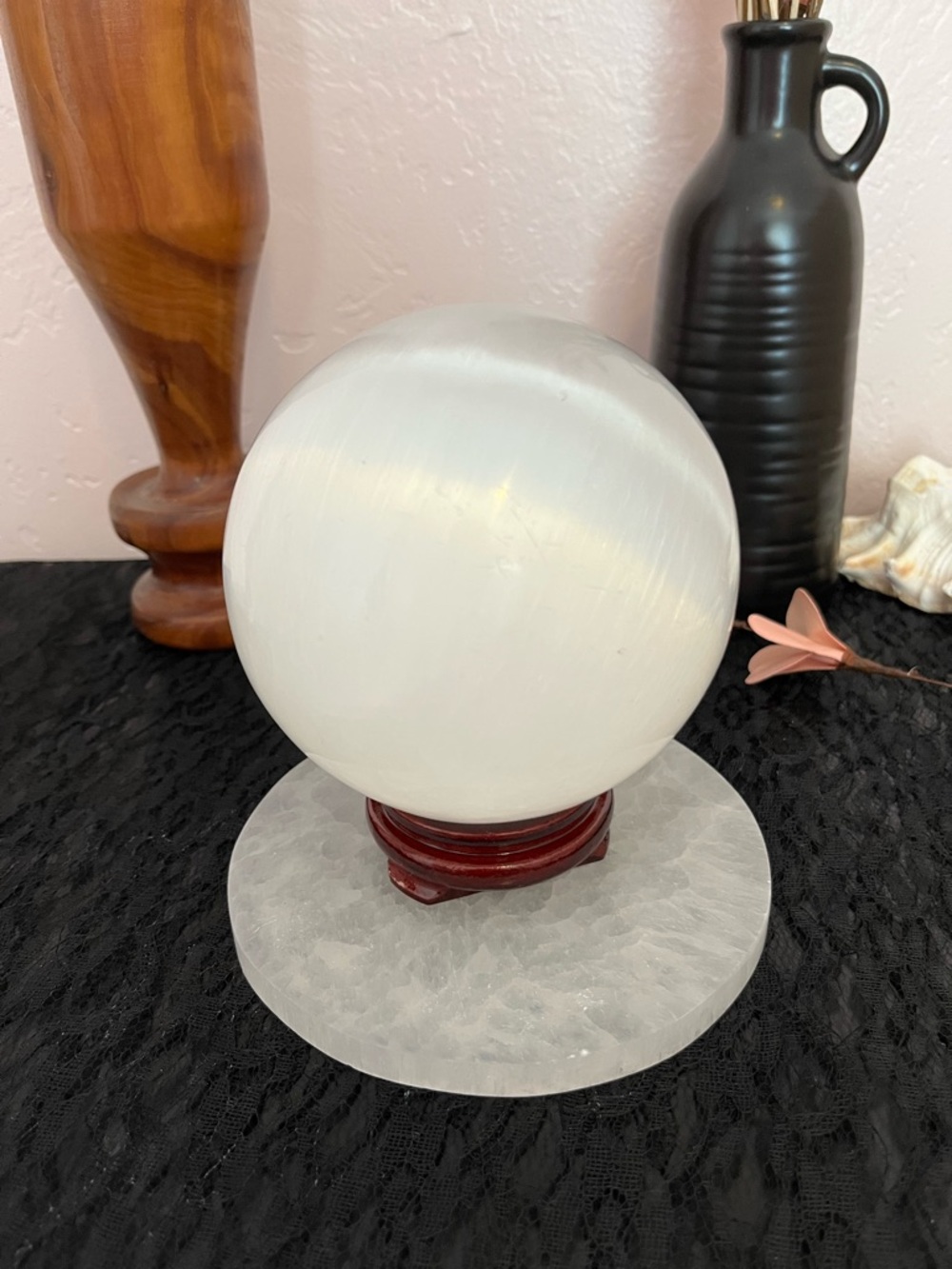 White Selenite Crystal Sphere on Carved Stand
